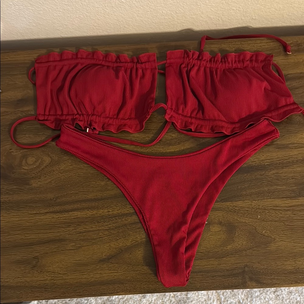 Deep Red Strapless Bikini Set